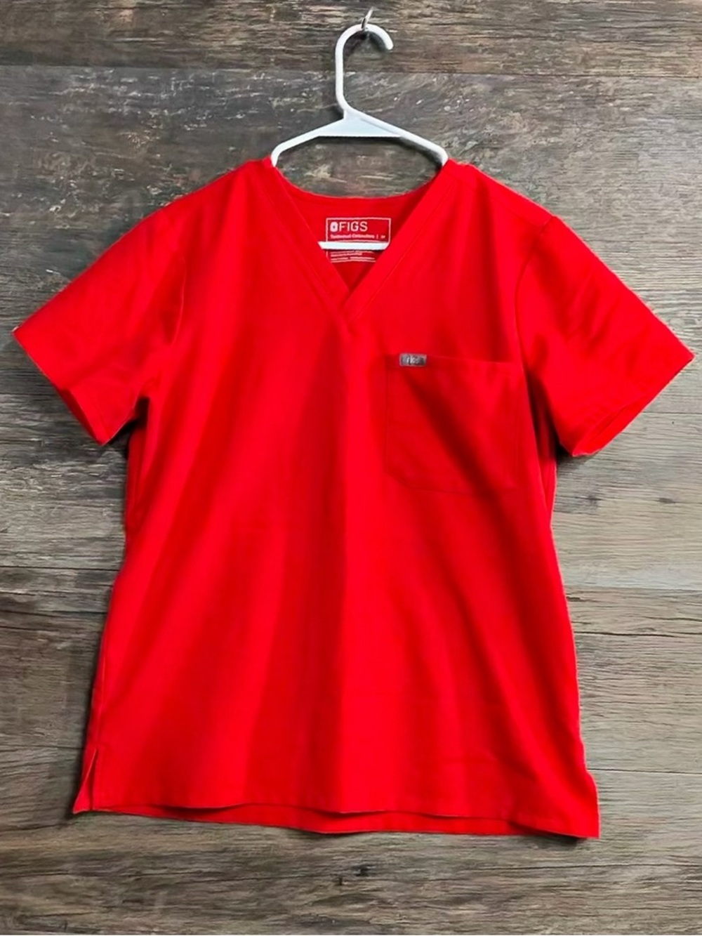 Figs Red V-Neck Short Sleeve Scrub Top with Chest Pocket